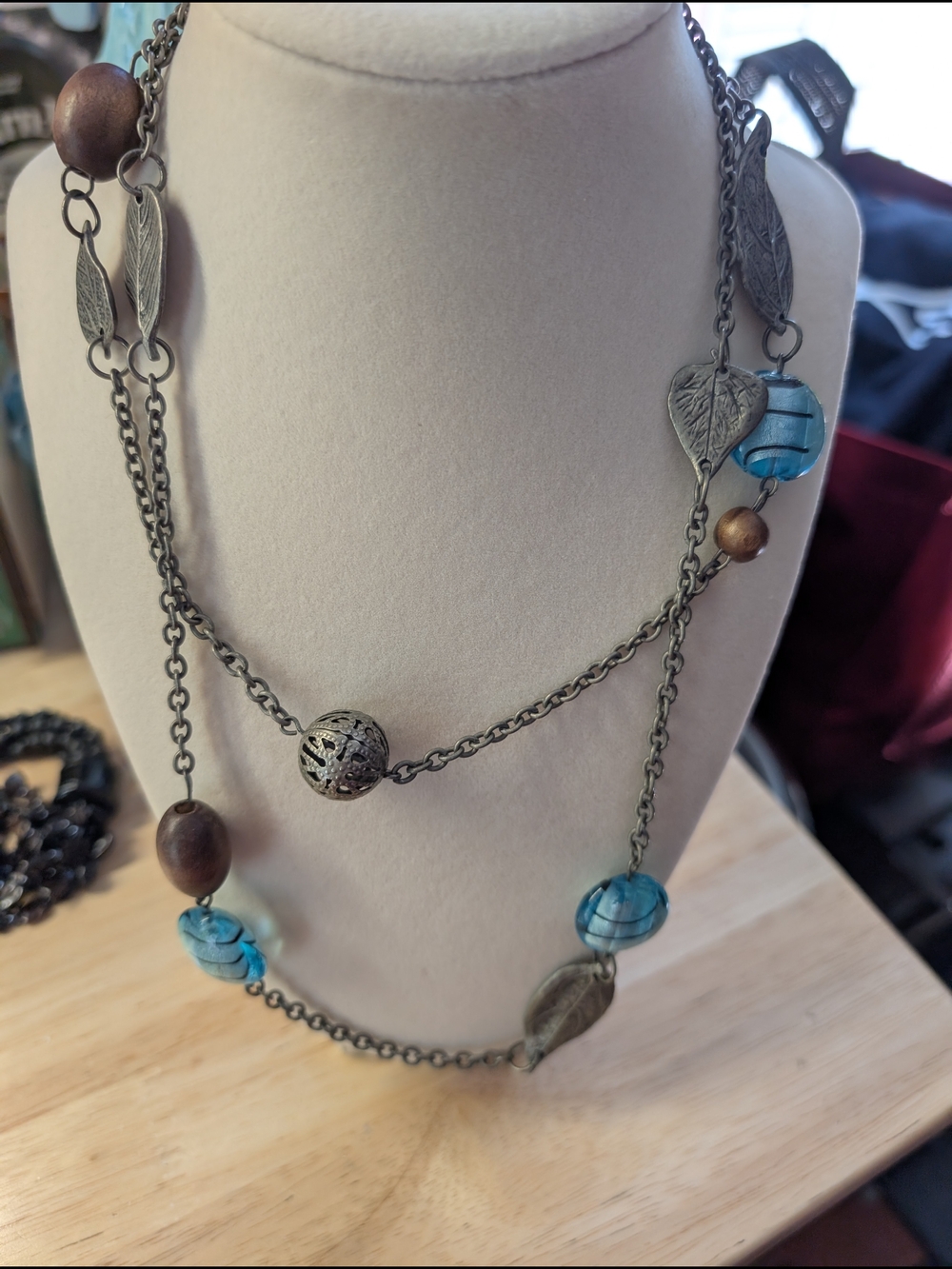 Bohemian Blue Glass & Metal Leaf Long Necklace